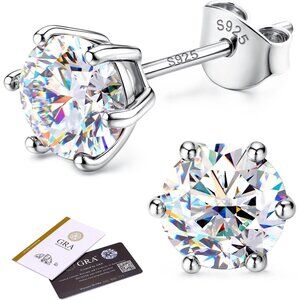 Moissanite Stud Earrings : 18K White Gold Plated Solid 925 Sterling Silver Earri